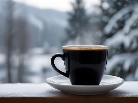 A cup of coffee at open window by winter