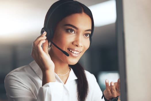 Call center, computer and help with woman consultant in telemarketing office for help or sales. Contact us, face and headset with crm agent in workplace for consulting, customer service or support.