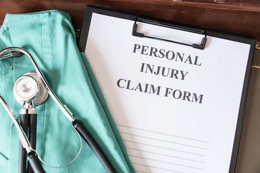 A personal injury claim form on a clipboard, accompanied by a stethoscope and medical scrubs, indicating health-related legal action
