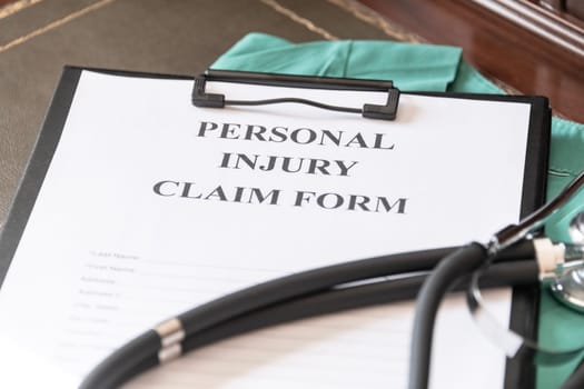 A personal injury claim form on a clipboard, accompanied by a stethoscope and medical scrubs, indicating health-related legal action
