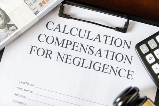 Legal document titled 'Calculation Compensation for Negligence' with a gavel and calculator, symbolizing judicial proceedings