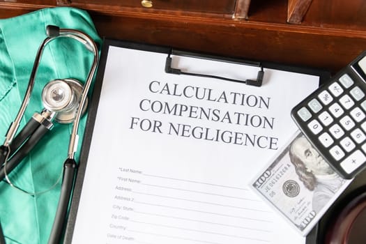 Document for calculating negligence compensation, with a stethoscope, money, and calculator on a medical uniform background