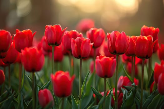 A large beautiful plantation of red tulips in the rays of sunset.