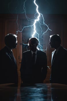 Three men in suits are standing in front of a lightning bolt. Scene is tense and serious