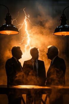 Three men in suits are standing in front of a lightening bolt. The lighting is dim and the men are silhouetted against the light. Scene is mysterious and ominous