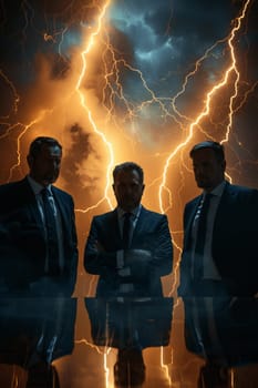 Three men in suits stand in front of a stormy sky with lightning bolts. Scene is intense and dramatic