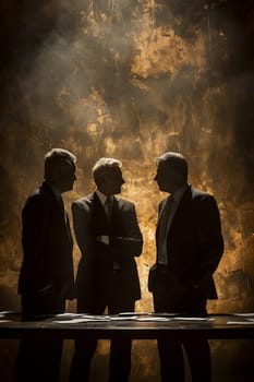 Three men in suits are standing around a table. Scene is serious and professional