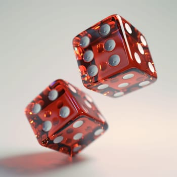 Two red dice are shown in the air, one on top of the other. Concept of excitement and anticipation, as if someone is about to roll the dice and see the outcome