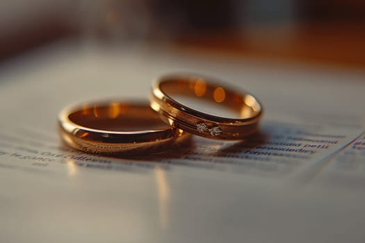 Two gold wedding rings on top of a piece of paper. The rings are shiny and have a diamond in the middle