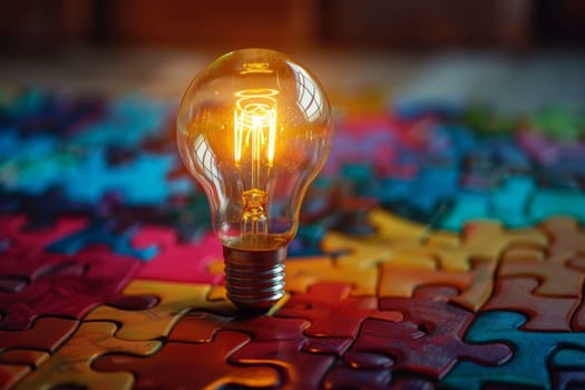 A light bulb is lit up on a colorful puzzle. The light bulb is the only source of light in the scene, creating a sense of mystery and intrigue