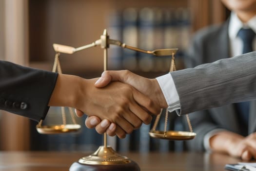 Two people shaking hands in front of a scale. The scale is gold and has a black base