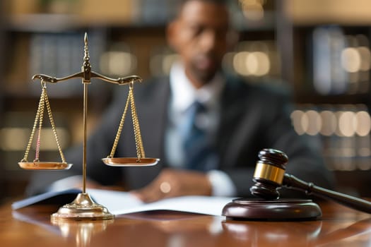 A man sits at a desk with a scale and gavel in front of him. The scene suggests a moment of decision or judgment