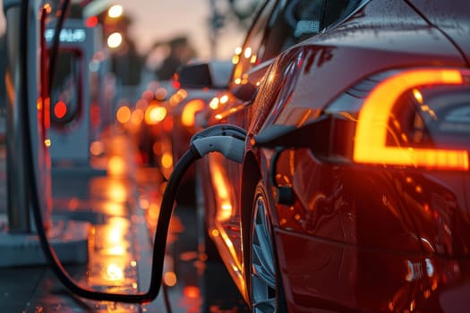 A red Tesla car is being charged at a charging station. The car is surrounded by other cars, and the scene is lit up by the lights of the charging station. Scene is one of anticipation and excitement