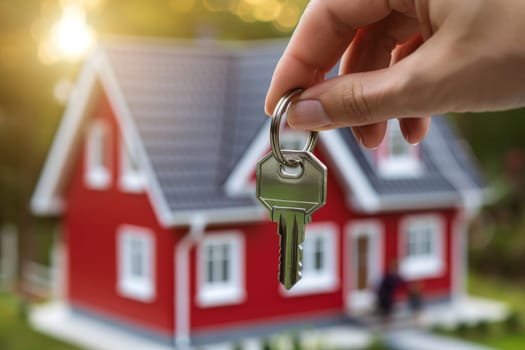 A person is holding a key in front of a red house.