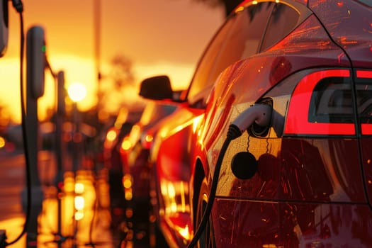 A red Tesla car is charging at a charging station. The car is surrounded by other cars, and the scene is taking place at sunset