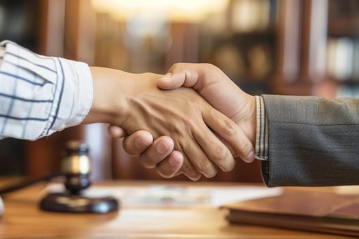 Two people shaking hands in a courtroom. Scene is professional and formal. The handshake symbolizes agreement and trust between the two individuals