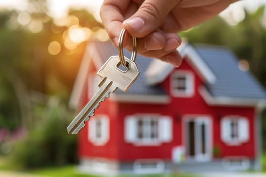 A person is holding a key in front of a red house. The key is silver and has a keyhole