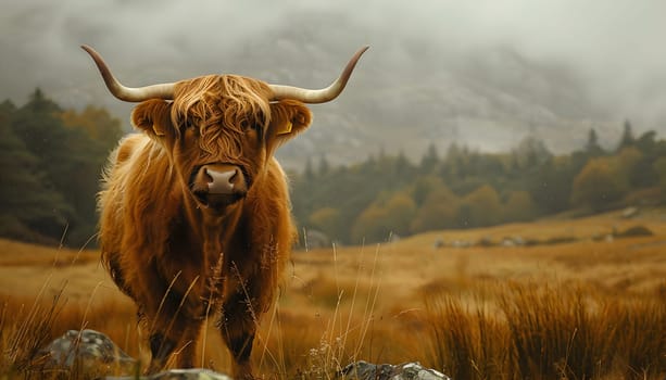 A brown Highland bull with long horns is peacefully grazing in a grassy field under the vast sky, blending into the natural landscape as a terrestrial working animal