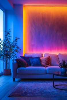 A living room with a couch, a coffee table, and a potted plant. The walls are painted in neon colors, creating a vibrant and energetic atmosphere