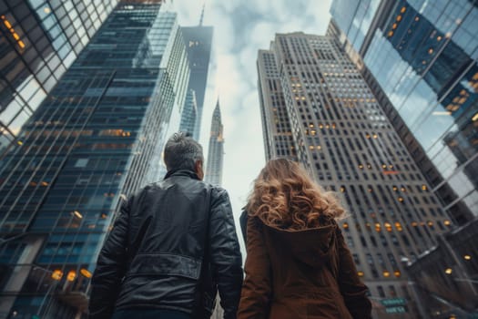 Two people standing in front of a tall building. The man is wearing a black jacket and the woman has long hair