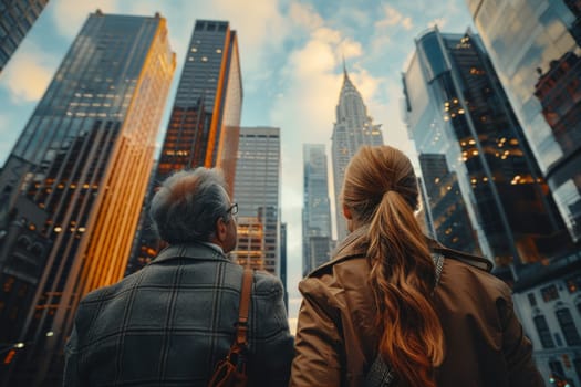 Two people standing in front of a city skyline, one of them is wearing glasses. The woman has a ponytail and is wearing a brown coat