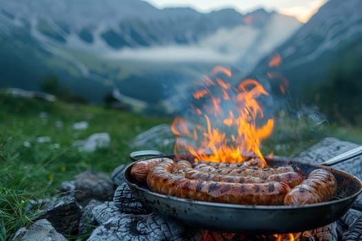 A pan of hot dogs is cooking over a fire in the mountains. The scene is peaceful and serene, with the mountains in the background and the fire providing warmth and light. The hot dogs are sizzling