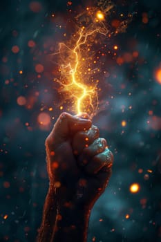 A hand is holding a glowing object that looks like a lightning bolt. The image has a dark and mysterious mood, with the glowing object creating a sense of awe and wonder