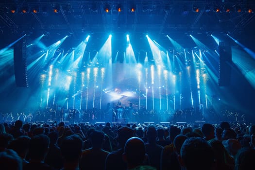 A large crowd of people are watching a concert with bright lights and smoke. The atmosphere is energetic and exciting