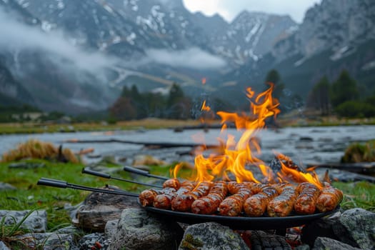 A plate of hot dogs is being cooked over a fire in a grassy field. The scene is peaceful and serene, with the mountains in the background adding to the sense of tranquility