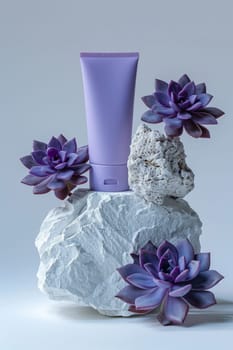 A purple tube of makeup is on top of a rock with purple flowers. Concept of elegance and sophistication, as the makeup tube and flowers are both purple and arranged in a visually pleasing manner