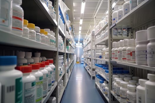 A pharmacy aisle with many different types of medications. The aisle is very long and has many shelves