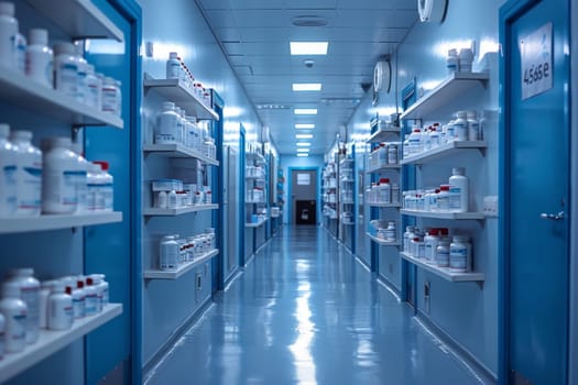 A long hallway with shelves of medicine bottles. The bottles are organized by numbers and letters. The hallway is very bright and clean