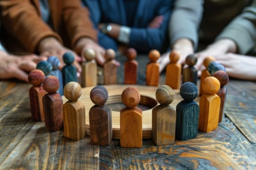 A group of people are holding hands in a circle around a wooden figure. Concept of unity and togetherness