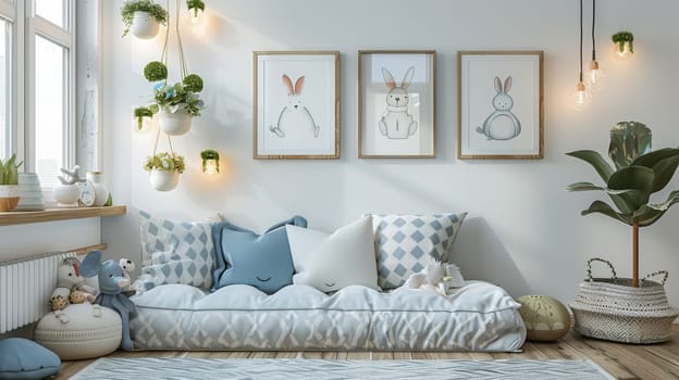 A room with a white wall and a blue couch with a rabbit on it. There are three pictures on the wall, one of which is a rabbit. The room has a cozy and playful atmosphere