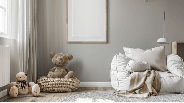 A living room with a white couch and a teddy bear on a rug. The room is clean and well-organized, with a white wall and a white chair