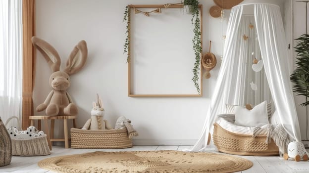 A white nursery room with a white canopy bed and a stuffed rabbit.