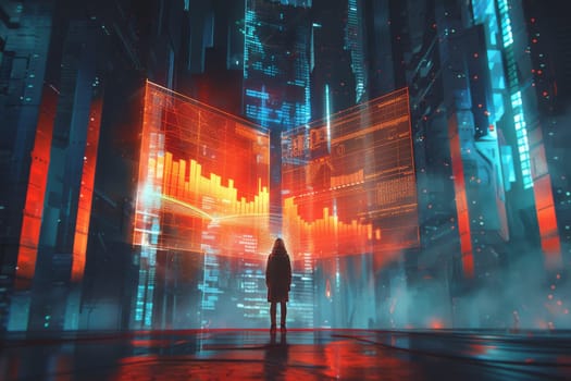 A person stands in front of a large screen with a red and orange background. The image is a representation of a futuristic cityscape with a lot of technology and data