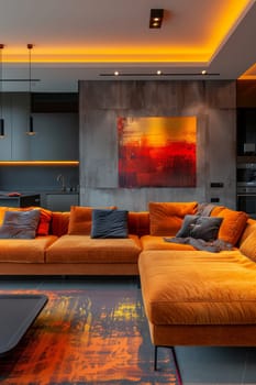 A living room with a large orange couch and a painting on the wall. The room has a modern and cozy feel, with the orange couch and the painting adding warmth and color to the space