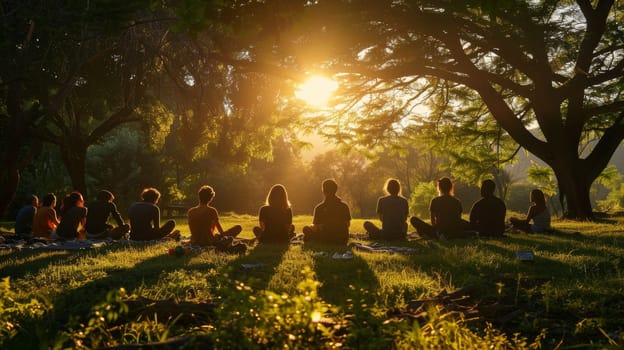 A group of people are sitting in a field, with the sun shining down on them. Scene is peaceful and serene, as the people are meditating and enjoying the natural surroundings