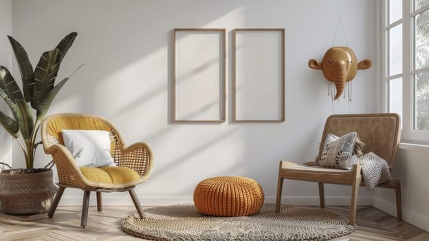 A room with a yellow chair and a brown chair. The room has a rug and a potted plant