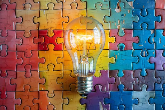 A light bulb is lit up in a colorful puzzle. The light bulb is the only thing that is lit up in the image. The puzzle is made up of many different colored pieces, creating a vibrant and dynamic scene