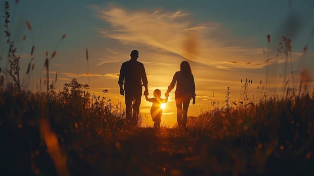 A family of four is walking through a field at sunset. The sun is setting in the background, casting a warm glow over the scene. The family appears to be enjoying their time together