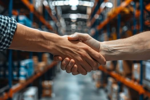 Two people shaking hands in a warehouse. Scene is professional and friendly. The handshake symbolizes a positive interaction between the two individuals