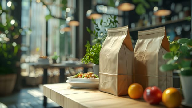 Two brown paper bags with food in them sit on a table in front of a window. The bags contain a salad and a sandwich. The table is set with a plate of food and a bowl of fruit
