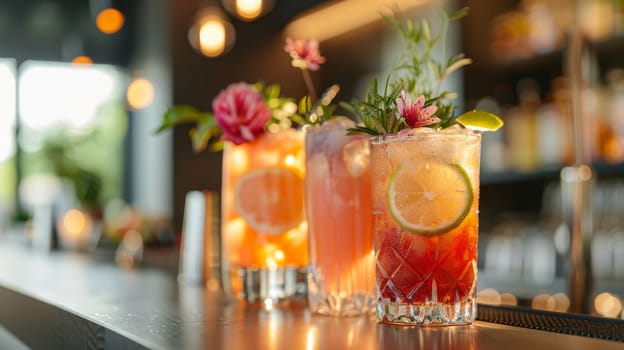 Three drinks with flowers on top sit on a bar. The drinks are pink, orange, and red