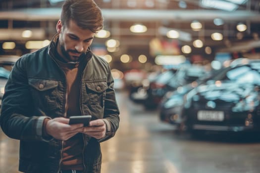 A man is looking at his cell phone in a parking lot. He is wearing a black jacket and he is focused on his phone