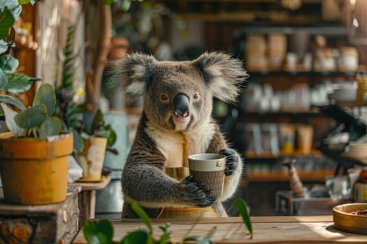 A koala is sitting at a table with a cup in its paws. The scene is set in a kitchen with various potted plants and cups. Scene is lighthearted and playful