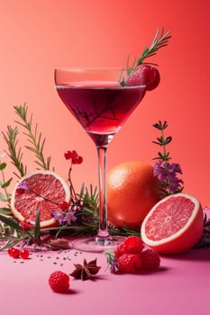 A glass of wine is surrounded by fruit and flowers. The wine is a deep red color and the fruit is a mix of oranges and raspberries. The flowers are purple and green