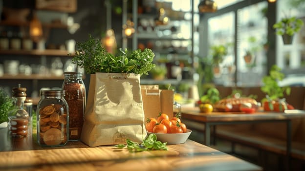 A bag of greens sits on a table next to a bowl of tomatoes. The scene is set in a restaurant, with a variety of food and drinks available. Scene is casual and inviting