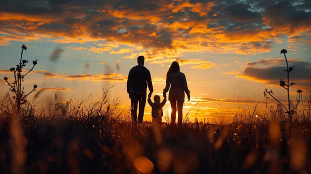 A family of three, a man, a woman and a child, are walking together in a field. The sky is orange and the sun is setting